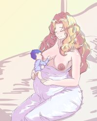 1girls bed blonde_hair blue_hair breast_feeding breast_sucking breasts breasts_out closed_eyes dress edain_(fire_emblem) female female_focus fire_emblem fire_emblem:_genealogy_of_the_holy_war kata_(artist) lactation large_breasts long_hair nintendo on_bed pregnant smile solo_focus thick_thighs vein