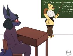 1boy 1girls abra anthro artomis blush bottomwear classroom clothed clothing desk duo erection erection_under_clothing female fishnet fishnet_legwear furry generation_1_pokemon generation_4_pokemon genitals hi_res legwear lucario male nintendo pearl123_art pokemon pokemon_(species) pussy raised_bottomwear raised_clothing raised_skirt raised_tail roleplay school school_uniform simple_background skirt student tail teacher teacher_and_student uniform