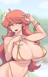 1girls alternate_hair_length alternate_hairstyle big_breasts bikini blue_eyes breasts brown_hair busty covered_erect_nipples curvy ferdinandus hand_on_own_chest highres large_breasts long_hair looking_at_viewer mario_(series) navel nintendo princess princess_daisy seductive seductive_smile sensual smile solo swimsuit thong_bikini v