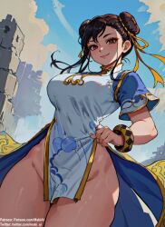 1girls ai_generated ass ass_focus big_ass big_breasts brown_eyes brown_hair chinese_clothes chun-li from_below hair_bun hi_res huge_ass large_ass large_breasts mabi_ai patreon pelvic_curtain street_fighter street_fighter_6 thick_thighs wide_hips