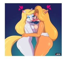 2girls animaniacs anthro blonde_hair blue_eyes breasts_pressed_together crash_(series) crossover eyeshadow french_kiss furry green_eyes heart hearts_around_head kenergi kissing looking_at_each_other minerva_mink nude symmetrical_docking tawna_bandicoot tongue tongue_kiss tongue_out yuri