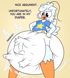 anthro avian blue_shirt dialogue diaper diaper_critter diaper_entrapment diaper_stuffing english_text furry male nyx_star_(nyxiette_nyxstar) nyxiette_nyxstar pigeon