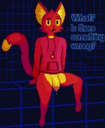 2023 anthro bodily_fluids bottomless bottomless_male clothed clothing comradecat cute_fangs dialogue digital_media_(artwork) domestic_cat dripping english_text eyebrows felid feline felis fjbcat flaccid foreskin fur genital_fluids genitals hi_res hoodie hoodie_only humanoid_genitalia humanoid_penis inner_ear_fluff leaking_precum looking_at_viewer male male_only mammal partially_clothed penis pixel_(artwork) precum precum_drip presenting presenting_penis raised_eyebrow red_body red_fur sitting smile solo spread_legs spreading text topwear topwear_only tuft yellow_body yellow_fur yellow_sclera