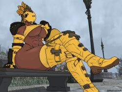 1girls 2023 2d 2d_(artwork) bench big_breasts big_thighs blonde_hair boots breasts busty elbow_gloves female female_focus female_only final_fantasy final_fantasy_xiv gloves helmet hi_res highres hips hourglass_figure huge_thighs large_breasts large_thighs mask masked masked_female methados mira_(methados) muscular muscular_female pauldron roegadyn sitting_on_bench solo solo_female solo_focus thick_thighs thighhigh_boots thighhighs thighs thong tomboy toned toned_stomach wide_hips yellow_clothing yellow_thong