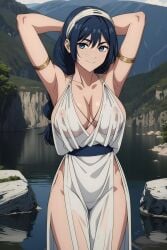 1girls ai_generated amanai_riko armpits arms_behind_head big_breasts blue_eyes blue_hair braid busty cleavage confident covered_erect_nipples deinacht dress erect_nipples_under_clothes female female_only hi_res jujutsu_kaisen lake large_breasts legs open_mouth pose posing seductive seductive_smile sensual sexy_armpits smile thighs water