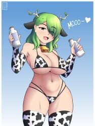 almost_naked belly belly_button big_breasts bikini bikini_bottom bikini_top breasts ceres_fauna choker cow_bikini cow_print fanart gloves happy hololive hololive_english hololive_english_-council- hololive_english_-promise- konanexe milk nipple_bulge string string_bikini thick_thighs thighhighs thighs underboob virtual_youtuber wide_hips winking_at_viewer