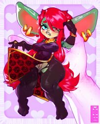 1girls ayna biting_lip blush earrings glossy goblin goblin_female hips lystraoleg red_hair tattoo tights