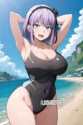 1girls ai_generated armpits arms_behind_head beach big_breasts blue_eyes busty child_bearing_hips cleavage covered_navel curvy dagashi_kashi female female_only hair_bow hi_res large_breasts legs medium_hair ocean one-piece_swimsuit open_mouth pose posing purple_hair sensual sexy_armpits shidare_hotaru smile swimsuit thighs voluptuous water