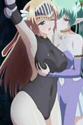 2010s 2019 2d 2girls animated ass blonde_hair breast_grab breasts clothing female green_eyes green_hair hentai hips large_breasts maken_no_hime_wa_ero_ero_desu multiple_girls pink_eyes pointy_ears poro screencap thick_thighs thighs wide_hips
