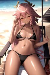 ai_generated beach bikini blush bra breasts closed_eyes dark_skin female genshin_impact hair_ornament kirill782 long_hair looking_at_viewer navel panties pink_hair sand sea shiny_skin smile solo stable_diffusion tan_body yae_miko