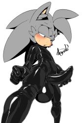 argento big_balls condom condom_suit edge_(argento) hand_on_penis hedgehog latex male male_only masturbation oc solo sonic_(series) sonic_the_hedgehog_(series) sweat sweatdrop sweating