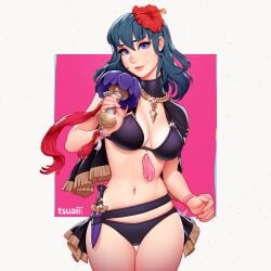 1girls alternate_costume bikini black_bikini black_capelet black_hair black_swimsuit blue_eyes blue_hair breasts byleth_(female)_(fire_emblem) byleth_(female)_(summer)_(fire_emblem) byleth_(fire_emblem) byleth_(fire_emblem)_(female) capelet female female_only fire_emblem fire_emblem:_three_houses fire_emblem_heroes flower hair_flower hair_ornament highres lips looking_at_viewer medium_breasts navel nintendo official_alternate_costume single_bare_shoulder smile solo swimsuit tsuaii