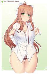 1girls breasts brown_hair changing doki_doki_literature_club dress_shirt female green_eyes heart looking_at_partner looking_at_viewer loving_look monika_(doki_doki_literature_club) panties raionart red_string sleepwear smug_expression smug_face thick_thighs undressing white_bow white_shirt wholesome