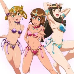 3girls amber_eyes amy_(suisei_no_gargantia) aqua_eyes bare_arms bare_legs bare_midriff bare_shoulders bare_thighs barefoot belly_button belly_dancer belly_dancer_outfit big_breasts bikini bikini_bottom bikini_top blonde_hair blue_bikini blue_bikini_bottom blue_bikini_top blue_bracelets blue_collar blue_gem blue_gemstone blue_head_gem blush bracelet brown_hair cleavage collar dancer dancer_class dancer_girl dancer_girls dancer_outfit female gem gold_bracelets gold_headdress gold_headwear golden_bracelets golden_headwear green_bikini green_bikini_bottom green_bikini_top green_bracelet green_collar green_eyes head_gem headdress headwear long_hair medium_breasts melty_(suisei_no_gargantia) metal metal_collar midriff navel open_mouth pink_bikini pink_bikini_bottom pink_bikini_top pink_bracelet pink_collar red_gem red_gemstone red_head_gem saaya_(suisei_no_gargantia) short_hair small_boobs small_breasts suisei_no_gargantia thick_thighs tied_hair underboob