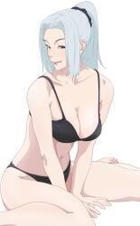 1girls belly_button big_breasts black_bra black_panties bra breasts collarbone feet feet_out_of_frame female female_focus female_only hands_between_thighs jujutsu_kaisen licking_lips light-skinned_female light_skin lips lipstick long_hair looking_at_viewer makkori_(utoxrjimlx8x49s) mei_mei_(jujutsu_kaisen) panties parted_bangs ponytail seducing seductive seductive_eyes seductive_look seductive_mouth seductive_pose seductive_smile sitting smile smiling smiling_at_viewer solo solo_female solo_focus thick_thighs thighs tongue tongue_out underwear white_hair