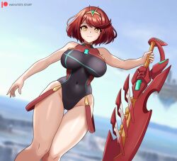 1girls 5_fingers background boobs breasts clothed clothing core_crystal female female_only fingers hayato_stuff high_cut_swimsuit holding_object holding_sword human human_only looking_at_viewer nintendo pyra red_eyes red_hair smile smiling smiling_at_viewer solo solo_female super_smash_bros. super_smash_bros._ultimate swimsuit sword thighs xenoblade_(series) xenoblade_chronicles_2