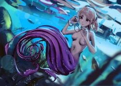 2023 blonde_hair breasts bubbles commission curious cute digital_art digital_drawing_(artwork) female female_only fish glasses glasses_off iarterlyx innocent naked naked_female oc ocean original plants purple_body short_hair small_breasts smiling solo solo_female solo_focus squid squid_girl squid_humanoid swimming tentacle thighs thin underwater water water_tank young younger_female