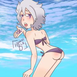 1girls back beach bikini bikini_bottom bikini_top bubble_ass bubble_butt fhs fhsz3r0 fnafhs fnafhs_z3ro fnafhsrule34 homerbls looking_back open_mouth puppet_(fnafhs) purple_eyes short_hair solo_focus tagme tomboy white_hair