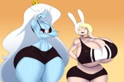 2023 2girls absurd_res absurdres adventure_time annoyed annoyed_expression arms_crossed ber00 big_ass big_breasts blonde_hair blue_skin boob_window bra breast_envy breast_size_difference breasts breasts_bigger_than_head cleavage clothed clothed_female crossed_arms crown female female_only fionna_the_human_girl height_difference high_resolution highres huge_ass huge_breasts human human_only hyper_breasts ice_queen ice_queen_(adventure_time) large_breasts looking_at_another medium_breasts medium_support_(meme) meme meme_attire meme_clothing mostly_nude mouth_open nipples_visible_through_clothing open_mouth shorts size_difference skindentation smug smug_face smug_smile sports_bra thick_thighs tongue underboob white_eyes white_hair wide_hips