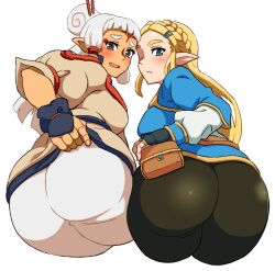 2girls ass big_ass big_butt blonde_eyebrows blonde_hair breath_of_the_wild butt long_hair looking_at_viewer looking_back looking_back_at_viewer mantan multiple_girls nintendo open_mouth paya_(the_legend_of_zelda) pointy_ears princess_zelda simple_background the_legend_of_zelda the_legend_of_zelda:_breath_of_the_wild thick_ass thick_butt white_background white_eyebrows white_hair zelda_(breath_of_the_wild)