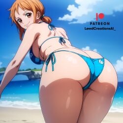 1girls ai_generated ass beach bent_over big_breasts breasts brown_eyes busty curvy female female_only ginger_hair huge_breasts lewdcreationsai long_hair looking_at_viewer looking_back nami navel one_piece orange_hair outdoors post-timeskip shoulder_tattoo skimpy skimpy_bikini sky small_bikini smirk solo tattoo thick_thighs tiny_bikini voluptuous