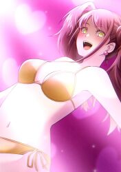 1girls atlus bikini breasts brown_hair female female_only kujikawa_rise kureha_jhsh light-skinned light-skinned_female navel open_mouth open_mouth_smile persona persona_4 shadow_rise shadow_self_(persona) solo solo_female twintails yellow_bikini yellow_eyes