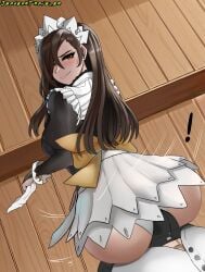 ! 1boy 1girls alternate_costume ass bent_over brown_eyes brown_hair bulge buttjob cleaning erection female fire_emblem fire_emblem_fates fire_emblem_heroes hair_over_one_eye halloween halloween_costume jerbeartraveler kagero_(fire_emblem) kagero_(halloween)_(fire_emblem) large_ass large_breasts looking_back maid_uniform male nintendo official_alternate_costume panties pantyshot penis_bulge smile straight teasing underwear upskirt white_panties