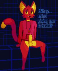 2023 anthro balls bodily_fluids bottomless bottomless_male clothed clothing comradecat cute_fangs dialogue digital_media_(artwork) domestic_cat dripping english_text erection eyebrows felid feline felis fjbcat foreskin fur genital_fluids genitals half-closed_eyes hi_res hoodie hoodie_only humanoid_genitalia humanoid_penis inner_ear_fluff inviting leaking_precum looking_at_viewer male mammal narrowed_eyes partially_clothed penis pixel_(artwork) precum presenting presenting_penis raised_inner_eyebrows red_body red_fur sitting smile solo solo_male spread_legs spreading text topwear topwear_only tuft yellow_body yellow_fur yellow_sclera