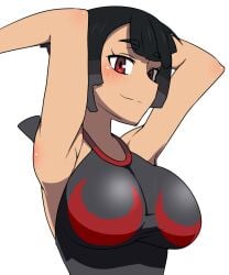 1girls armpits arms_up big_breasts black_hair black_pupils breasts female female_only game_freak mantan nintendo pokemon pokemon_oras pokemon_rse red_eyes simple_background smile white_background zinnia_(pokemon)