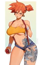 1girls asymmetrical_hair blush breasts clothing denim denim_shorts female female_only game_freak gen_1_pokemon gyarados hair_between_eyes holding holding_object holding_poke_ball huge_breasts kasumi_(pokemon) krabby large_breasts leg_tattoo looking_at_viewer magikarp maiz-ken marill misty_(pokemon) mudkip navel nintendo orange_hair poke_ball pokemon pokemon_(anime) pokemon_(classic_anime) pokemon_(species) pokemon_character pokemon_rgby pokemon_species poliwag ponytail psyduck shirt short_hair shorts side_ponytail simple_background smile solo starmie staryu suspender_shorts suspenders tank_top tattoo tentacruel thong tied_hair underboob yellow_shirt yellow_tank_top