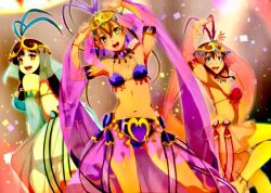 3girls amber_eyes amy_(suisei_no_gargantia) aqua_eyes arm_scarf bare_arms bare_back bare_legs bare_midriff bare_shoulders bare_thighs barefoot belly_button belly_dancer belly_dancer_outfit big_breasts bikini bikini_bottom bikini_top blonde_hair blue_bikini blue_bikini_bottom blue_bikini_top blue_bracelets blue_collar blue_feathers blue_gem blue_gemstone blue_head_gem blue_loincloth blue_silk blush bracelet brown_hair cleavage collar confetti dancer dancer_class dancer_girl dancer_girls dancer_outfit feather_in_hair feathers female gem gold_bracelets gold_headdress gold_headwear golden_bracelets golden_headwear green_bikini green_bikini_bottom green_bikini_top green_bracelet green_collar green_eyes green_feathers green_loincloth green_silk head_gem head_scarf headdress headwear loincloth long_hair medium_breasts melty_(suisei_no_gargantia) metal metal_collar midriff navel open_mouth pink_bikini pink_bikini_bottom pink_bikini_top pink_bracelet pink_collar pink_feathers pink_loincloth pink_silk red_gem red_gemstone red_head_gem saaya_(suisei_no_gargantia) see-through see-through_clothing see-through_silk see-through_skirt see_through_skirt short_hair silk silk_loincloth silk_skirt skirt small_boobs small_breasts suisei_no_gargantia thick_thighs tied_hair underboob