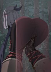 1girls absurdres ass ass_focus bent_over black_leggings blue_ribbon blue_scarf blush boots brown_footwear bush cameltoe commentary_request commission dress elbow_gloves embarrassed english_commentary female female_only fingerless_gloves fire_emblem fire_emblem:_radiant_dawn forest from_behind from_below gloves grey_hair hair_ribbon highres knee_boots large_ass leaning_forward leggings long_hair micaiah_(fire_emblem) mixed-language_commentary nature night nintendo outdoors pantyhose pee peeing peeing_self pelvic_curtain red_dress ribbon rune_(dualhart) scarf silver_hair solo squatting standing textless_version tree urine wet wet_clothes x-ray