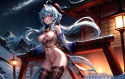 absurdres ahoge ai_generated blue_hair breasts detached_sleeves female ganyu_(genshin_impact) genshin_impact highres horns mountain navel night night_sky nipples niraniri outdoors pussy sky snow solo standing twitter_username twitter_x_logo uncensored watermark