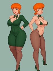 ai_generated bikini bowtie cleavage dexter's_laboratory dexter's_mom earrings full_body green_eyes high_heels office_lady orange_hair short_dress short_hair stable_diffusion very_high_heels warmachine0001