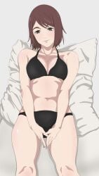 1girls brown_hair female female_focus female_only jujutsu_kaisen light-skinned_female light_skin looking_at_viewer makkori_(utoxrjimlx8x49s) pillow shoko_ieiri short_hair smile smiling smiling_at_viewer solo solo_female solo_focus underwear