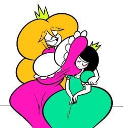 2022 2girls 4_fingers big_ass big_breasts black_eyes black_hair blush breast_on_head breast_squish cute female green_dress hug hugging oboithisisfunky orange_hair original_character pink_dress princess_applebottom princess_backache princess_libiris_ubera tagme thick_thighs white_body white_skin wholesome