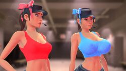 2girls 4k absurd_res alternate_breast_size blue_clothing blue_eyes breasts f4 female female_only femscout huge_breasts light-skinned_female medium_support_(meme) multiple_girls poster red_clothing ribbon sfm small_breasts sports_bra team_fortress_2