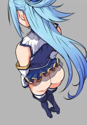 ahemaru aqua_(konosuba) ass bare_shoulders bent_over black_footwear blue_hair bottomless bottomless_skirt detached_sleeves female from_behind full_body grey_background hair_ornament henriiku_(ahemaru) highres kono_subarashii_sekai_ni_shukufuku_wo! long_hair microskirt miniskirt no_panties shiny_skin simple_background skirt solo standing tagme thighhighs white_sleeves white_thighhighs