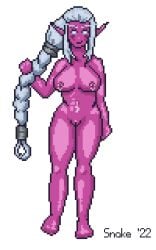 1girls blizzard_entertainment dharla night_elf nipple_piercing original_character pink_skin pixel_art solo warcraft white_background white_hair world_of_warcraft