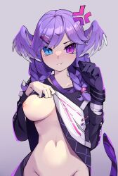 angry breasts dragon_girl goat_king heterochromia lifted_by_self looking_at_viewer nijisanji nijisanji_en no_panties no_pants pouting purple_hair selen_tatsuki tail undressing virtual_youtuber