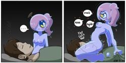 2023 2_panel_comic 2koma arched_back areola areolae asleep bed before_sex belly belly_button blightstar blue_areola blue_nipples blue_skin breasts brown_hair collarbone comic darkness dead english english_text facesitting female_dominating_male female_domination female_focus femdom ghost ghost_girl glowing_eyes glowing_outlinehair_over_one_eye grabbing grabbing_bedding grabbing_blanket grinding_on_face heart heart-shaped_pupils human leaning_back leaning_backwards lying_on_bed madeleine_(blightstar) malesub medium_breasts moaning monster monster_girl nail necrophilia night nighttime nipples no_legs one_eye_obstructed original original_character original_characters pale-skinned_female phasing plap rubbing_pussy satisfied satisfied_look schlicking see-through shlick side_ponytail side_view sleep_molestation sleeping sleeping_male snoring spoken_heart stealth_sex straight text text_bubble tongue tongue_out twitching unaware unusual_pupils x-ray zzz