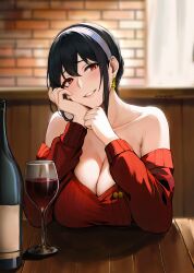 1boy 1girls alcohol bare_shoulders blush breasts busty cleavage date dinner_date drunk earrings female large_breasts light-skinned_female light_skin looking_at_viewer mature mature_female mature_woman milf mymzi_(mymzidraws) naughty_face smile smiling_at_viewer solo spy_x_family sweater wine yor_briar