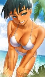 1girls beach bikini cleavage large_breasts leaning_forward ocean outside reverseki_ya smile standing wet