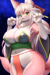 adorable anthro bell bell_collar big_breasts blush breasts canid canine cleavage clothed clothing collar cute cute_face faroula_twitt female female_anthro female_only fox fundoshi fur furry green_eyes hair hi_res huge_breasts kemono large_breasts looking_at_viewer mammal pink_fur skimpy skimpy_clothes solo solo_female