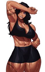 1girls armpits black_hair black_nails body_markings cleavage commission dark-skinned_female dark_skin midriff muscular muscular_female nail_polish navel one_eye_closed open_mouth original purple_eyes smile solo sotcho sweat thick_thighs