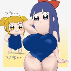 1girls :3 bangs big_breasts big_penis blonde_hair blue_hair breasts bulge clothed clothing erection_under_clothes female futanari huge_breasts huge_cock kaxiota large_breasts long_hair mostly_clothed nipple_bulge nipples partially_clothed penis penis_bulge pipimi pop_team_epic popuko short_hair simple_face swimsuit thick_thighs white_background wide_hips yellow_background