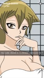 alexis_rhodes animated biting_finger blonde_hair camera_phone cellphone_camera cleavage english_text female female_only invitation inviting_to_sex jiivutorion phone_screen selfie tagme tease teasing tenjouin_asuka towel_covering_breasts towel_only woman yu-gi-oh! yu-gi-oh!_gx