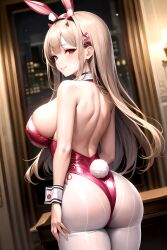 ai_generated alternate_costume ass ass_focus bare_shoulders blush breasts brown_hair cameltoe come_hither female from_behind from_below goddess_of_victory:_nikke large_breasts leotard long_hair looking_at_viewer naughty_face pantyhose playboy_bunny rabbit_ears rabbit_tail red_eyes shiny shiny_clothes shiny_hair shiny_skin sideboob smile solo tail very_long_hair viper_(nikke) viper_(toxic_rabbit)_(nikke)