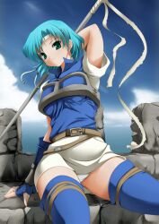 1girls 2000s_(style) aqua_eyes arm_behind_head arm_up armor ashita_yaru bare_thighs belt belt_buckle blue_gloves blue_hair blue_shirt blue_sky blue_thighhighs breasts brown_belt buckle closed_mouth cloud day female female female_only fingerless_gloves fire_emblem fire_emblem:_the_binding_blade gloves hair_intakes headband high_collar holding holding_polearm holding_weapon large_breasts light_blue_hair miniskirt nintendo outdoors panties pantyshot pantyshot_(sitting) pegasus_knight_uniform_(fire_emblem) polearm shirt short_hair short_sleeves sitting skirt sky solo thea_(fire_emblem) thighhighs thighs underwear upskirt weapon white_headband white_panties white_skirt zettai_ryouiki