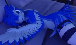 3d_(artwork) 4_ears 5:3 animal_genitalia anthro avali bed bed_sheet bedding biped blue_blush blue_body blue_claws blue_ears blue_eyes blue_feathers blue_hair blue_pawpads blue_penis blue_sclera blue_tail blue_wings blush claws clothing detailed_background digital_media_(artwork) erection feather_markings feathers forked_tongue furniture genitals glistening glistening_eyes hair hi_res jukkavali kyrie_(jukkavali) legwear lying male male_only markings mouth_closed multi_ear multicolored_body multicolored_ears multicolored_feathers on_side one_eye_closed pawpads penis pillow solo striped_markings striped_tail stripes tail tail_markings tapering_penis thigh_highs tongue tongue_out two_tone_body two_tone_ears two_tone_feathers two_tone_tail two_tone_wings white_body white_ears white_feathers white_pillow white_tail white_wings winged_arms wings wink